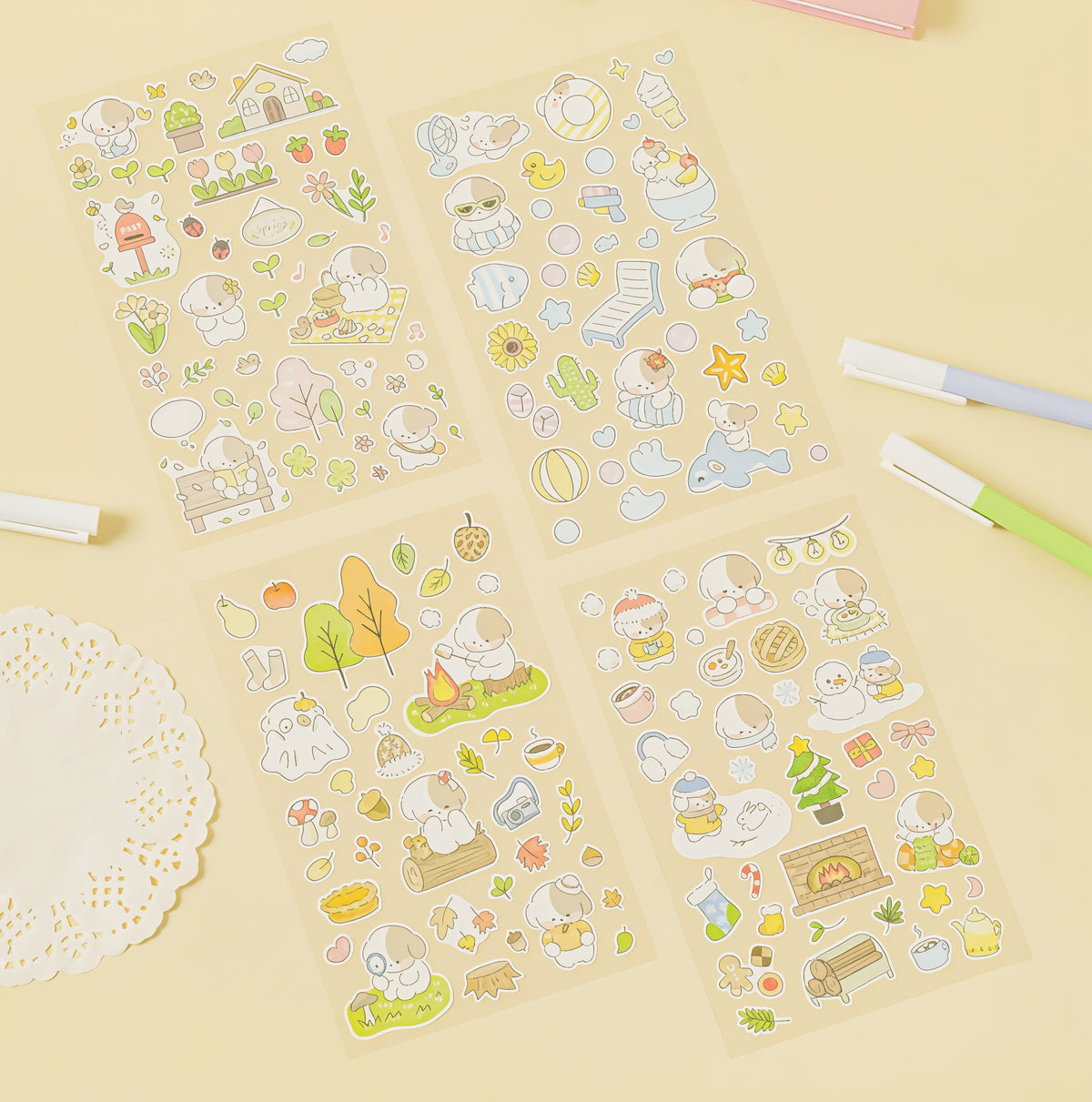 100 Stickers autocollants Quatre saisons & Chien