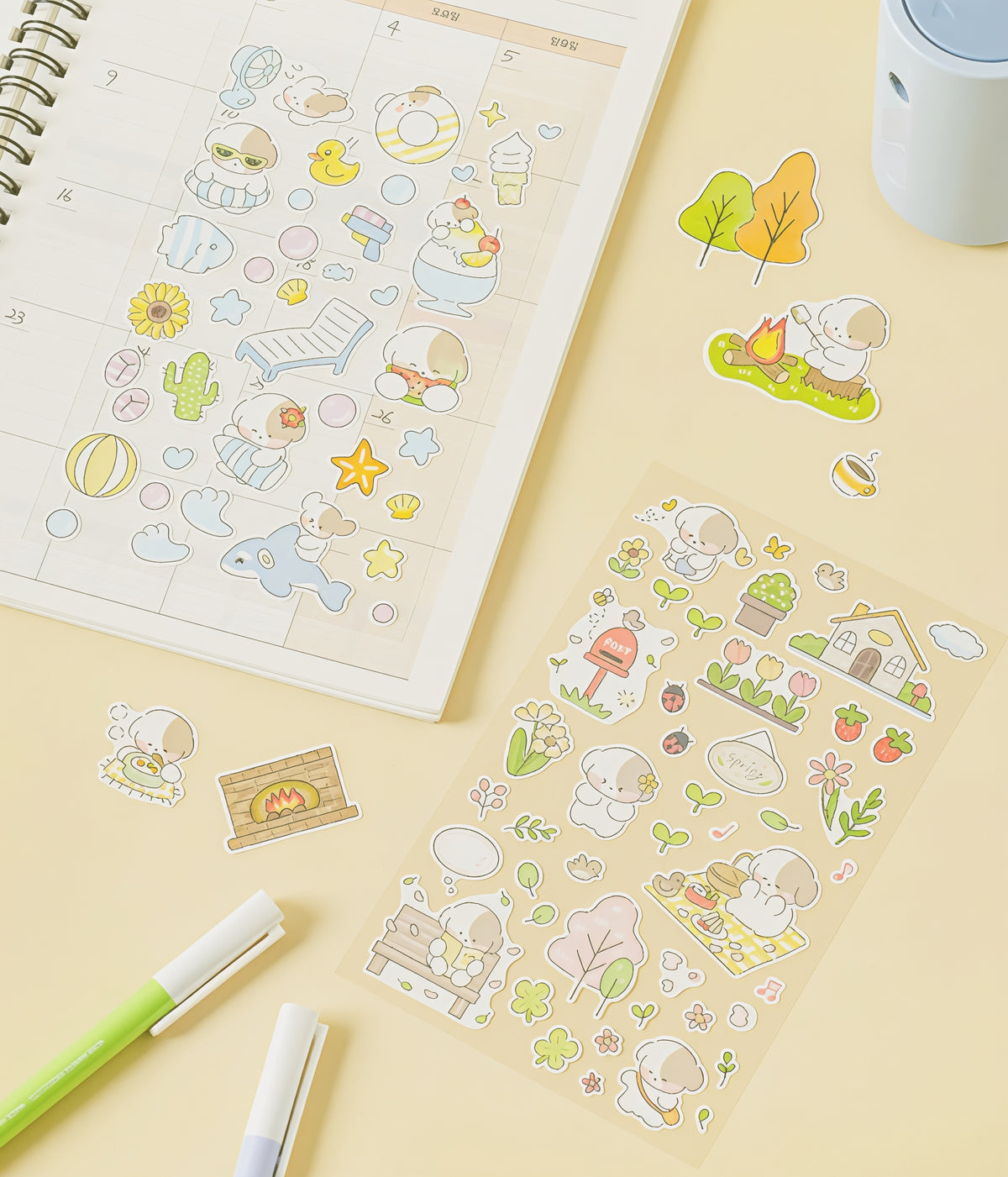 100 Stickers autocollants Quatre saisons & Chien
